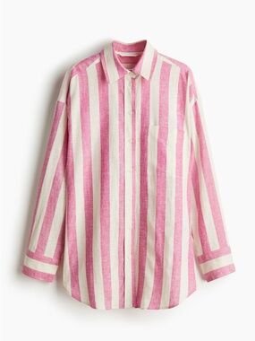 H&M Oversized Pink & Cream Linen Blend Shirt